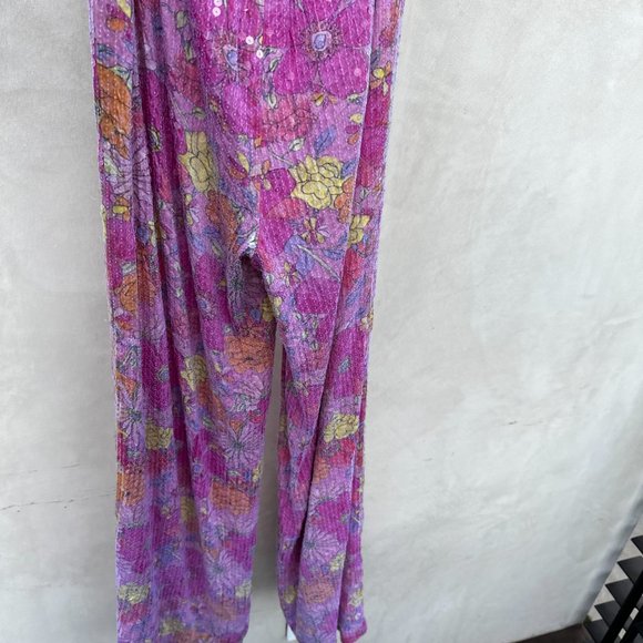 LoveShackFancy High Rise Flare Pants SZ S Purple Multi Floral in Sequins - Picture 4 of 4